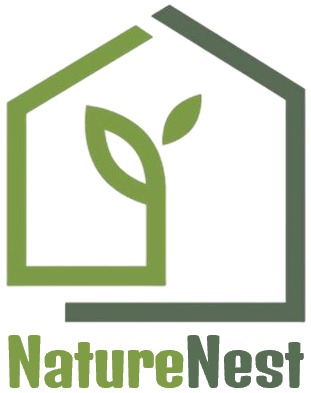 Logo of a house outline with a leaf inside, and the words 'Nature Nest' below.