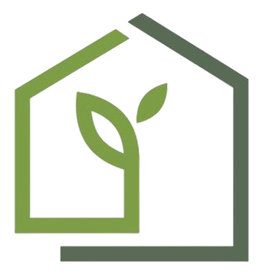 A minimalist line drawing of a house with a plant inside, representing eco-friendly or sustainable living.