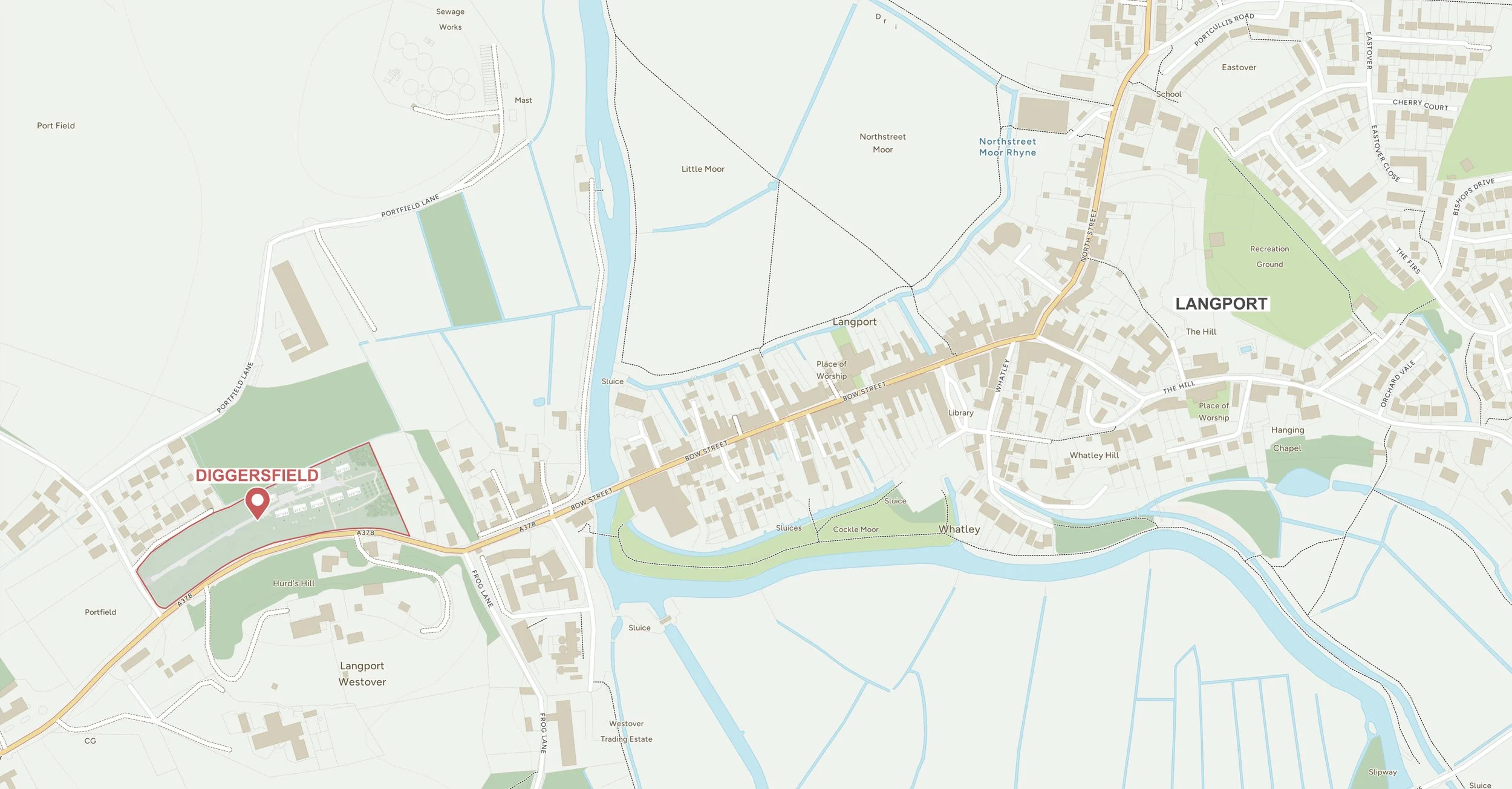 Map of Langport, UK, showing streets, rivers, and landmarks. Diggersfield is marked with a red pin on the southwest, near the A378 road. The map includes areas such as Little Moor, Northstreet Moor, Cockle Moor, and Whatley, with features like a library, chapel, recreation ground, and various sluices.