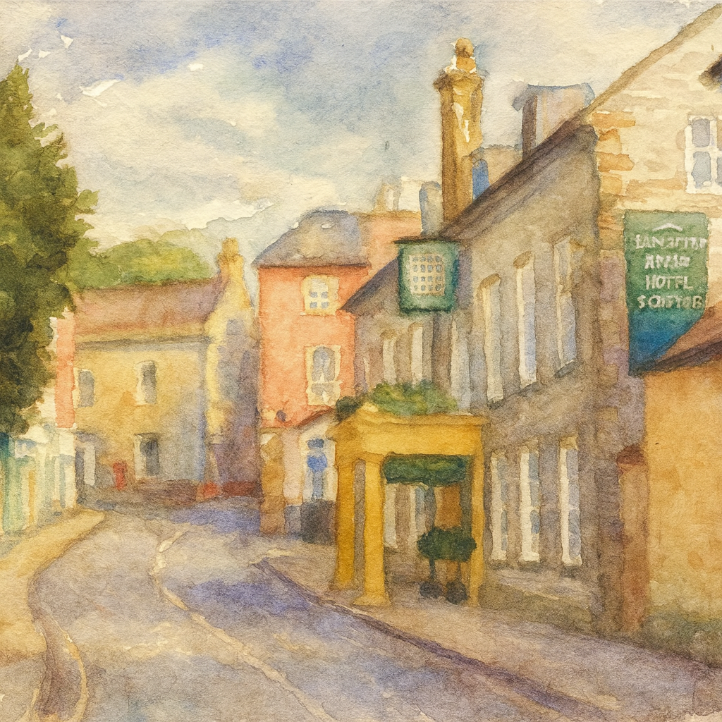 Watercolor painting of a quiet street scene with historic buildings, a green sign, and a yellow archway in a small town.