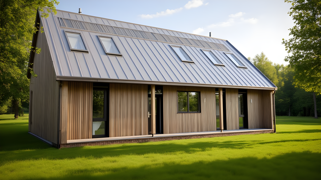 Modern house with a metal roof, sliding glass doors, and large windows, surrounded by green grass and trees under a partly cloudy sky.