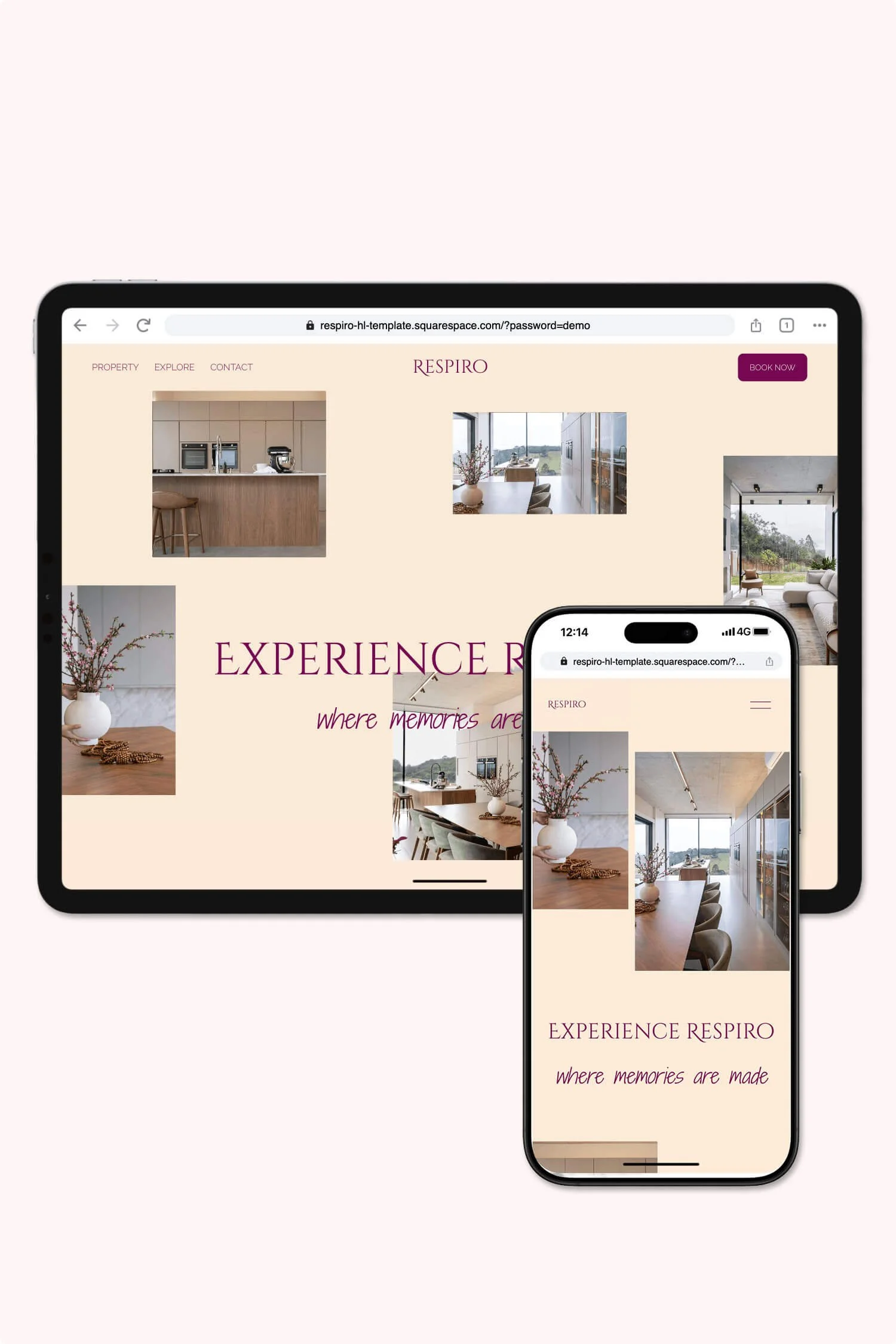 A tablet and smartphone displaying the preview website for Respiro template, with images of modern interior spaces and text about experiencing memories in a stylish and minimalistic design.
