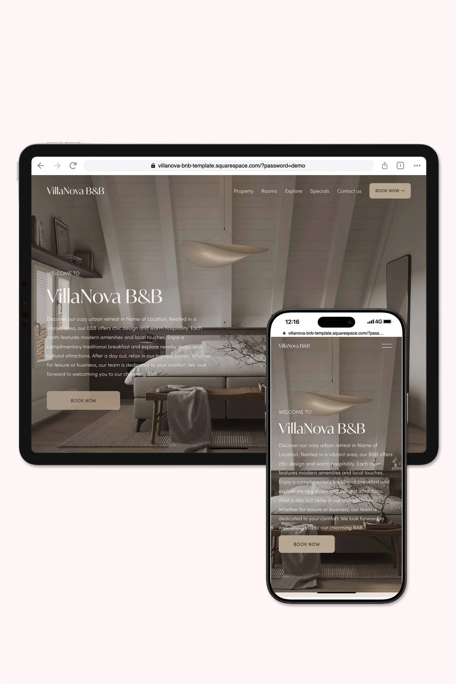 A tablet and a smartphone, displaying the preview website for Villanova BnB template, featuring an interior shot of a room with a sofa, coffee table, and modern decor.