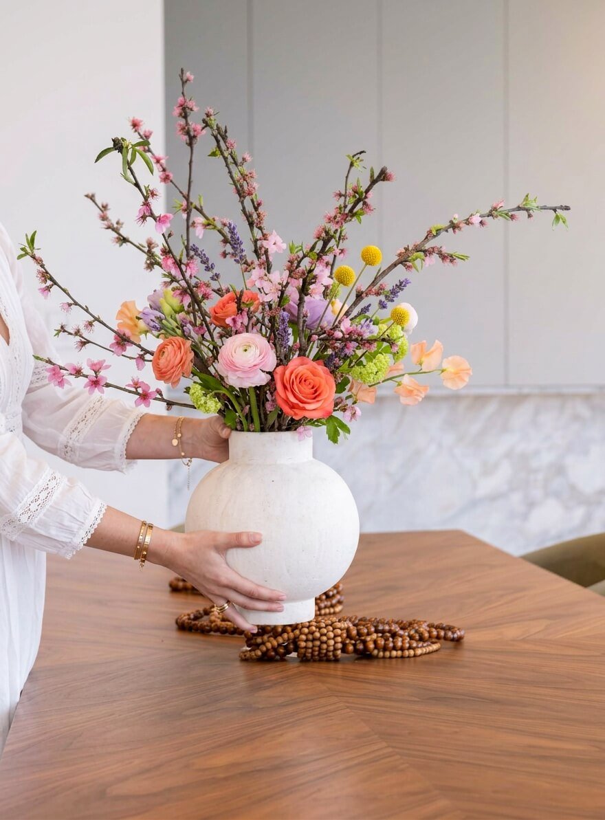 Person holding a white vase with pink and orange flowers and branches, placed on a wooden table with beaded decorative pieces.