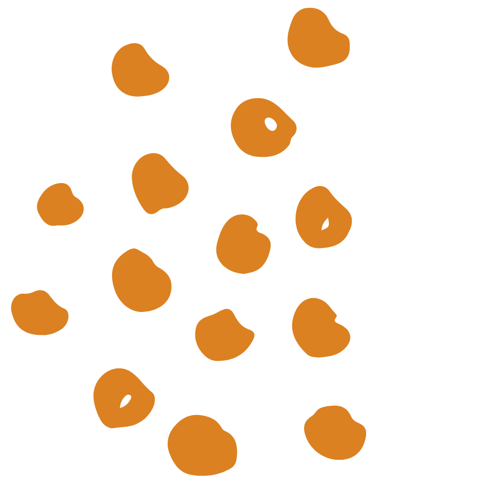 Abstract design with white circles and orange scattered shapes on black background