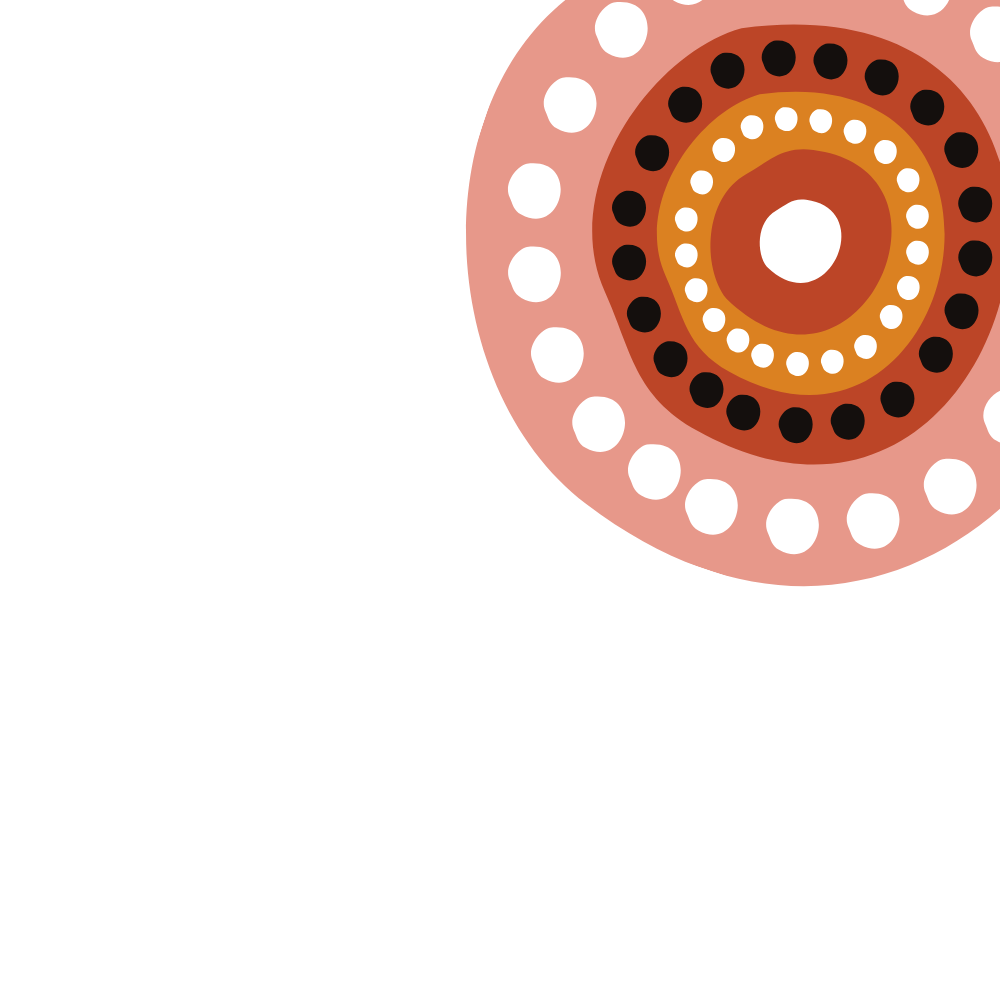 Abstract circular design with concentric rings and dots in earthy tones of pink, orange, and brown.