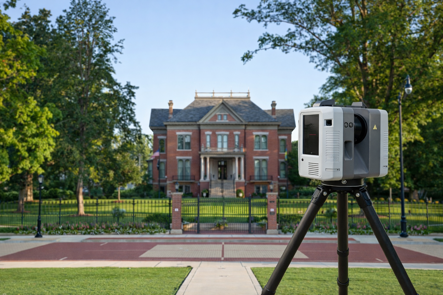 3d scanning laser device sitting in front of old historic government building