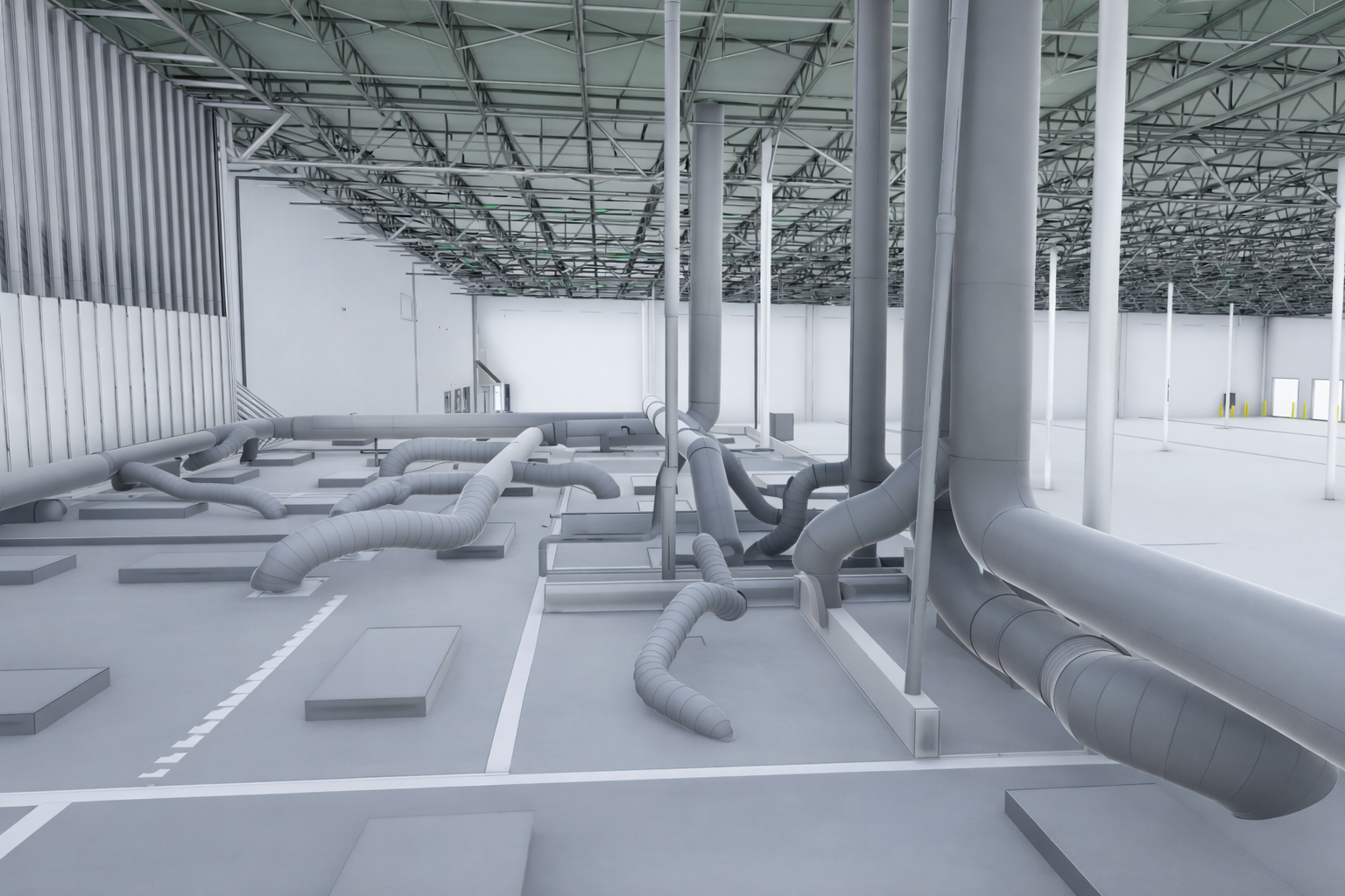 3d revit model of Empty industrial or warehouse space with exposed ductwork and pipes, unfinished ceiling, and white walls.