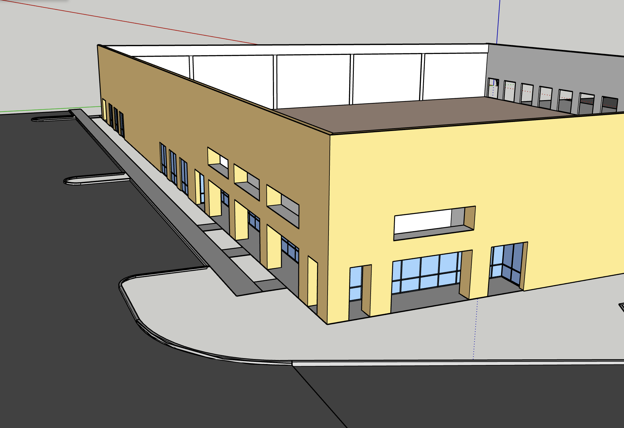 A 3D model of a commercial building with large glass windows and a yellow facade, situated at the corner of a parking lot.