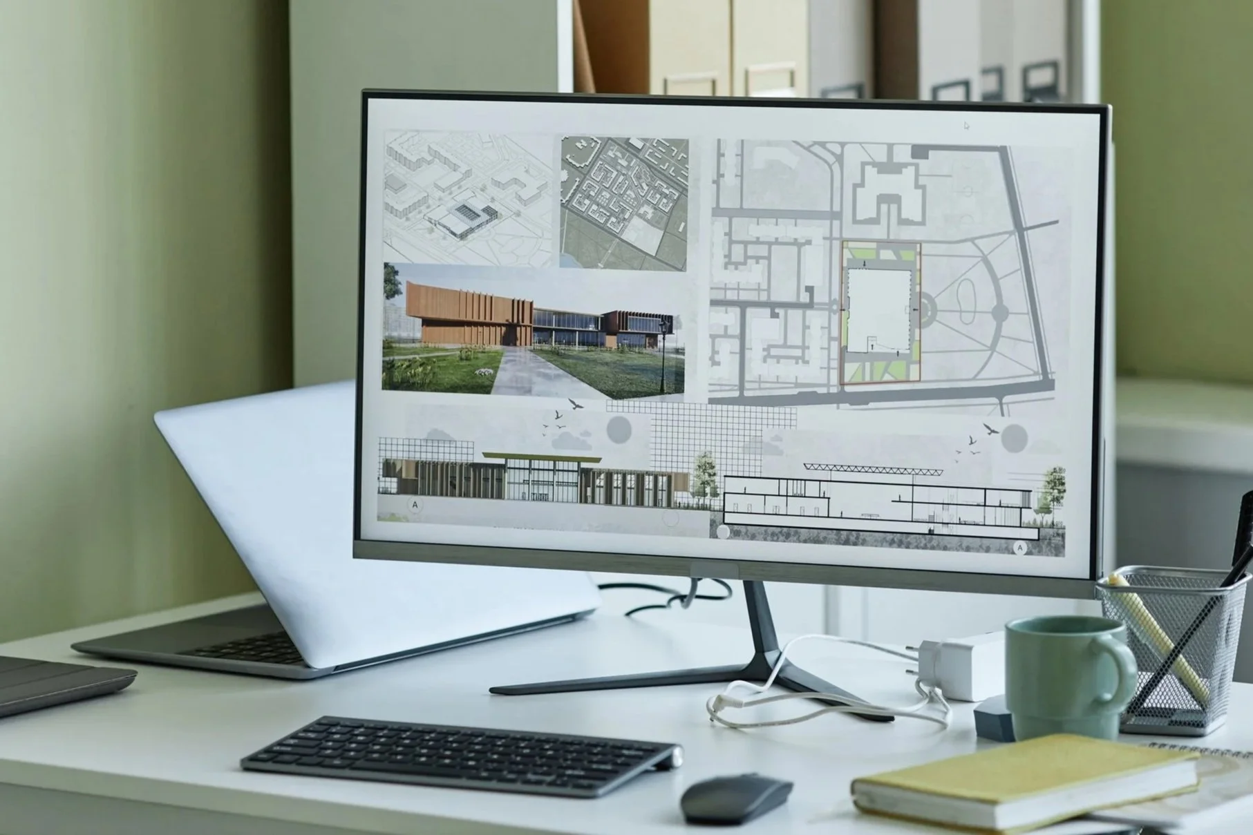 3d Architectural design plans and renderings displayed on a computer monitor on a work desk.