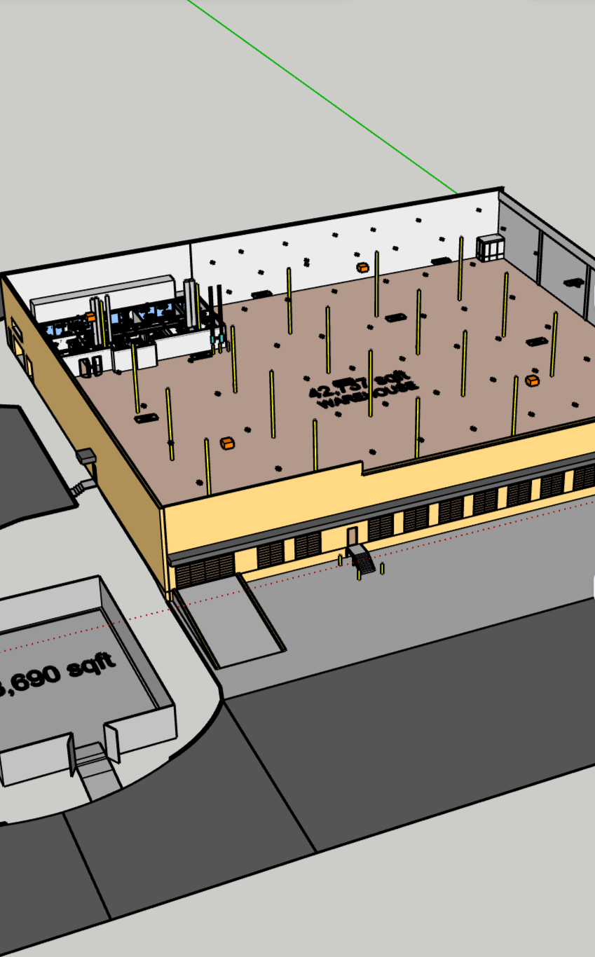3D pdf floorplan rendering of a commercial building under construction with a large open floor, yellow support poles, and construction equipment.