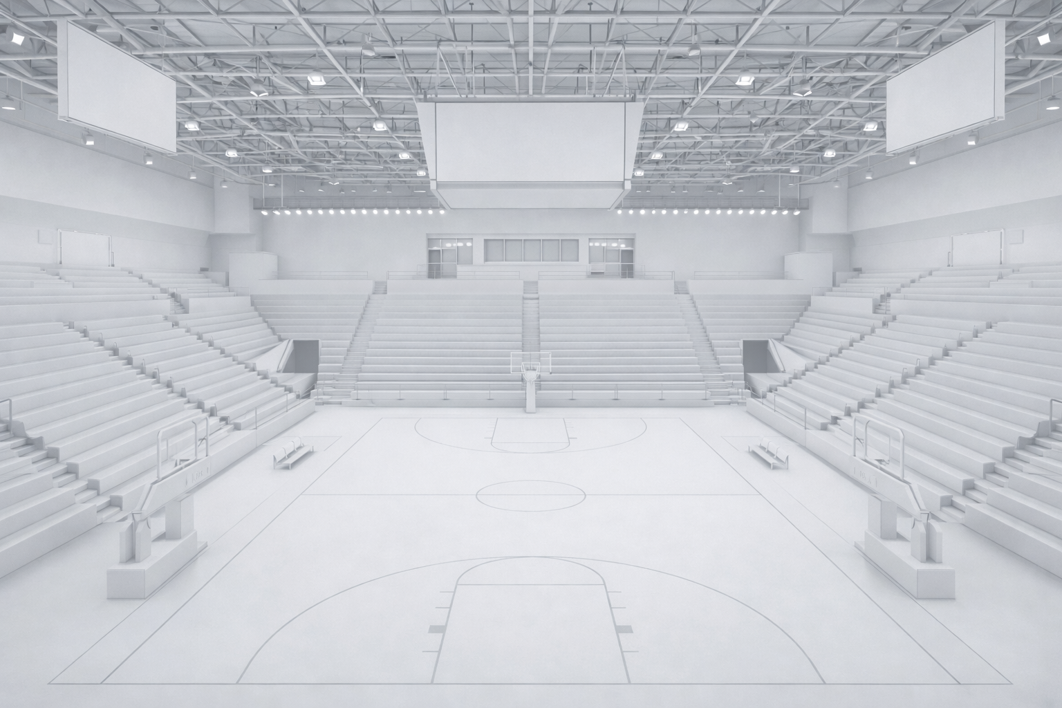 revit model of a basketball arena with empty seats, a court, and a large scoreboard above.