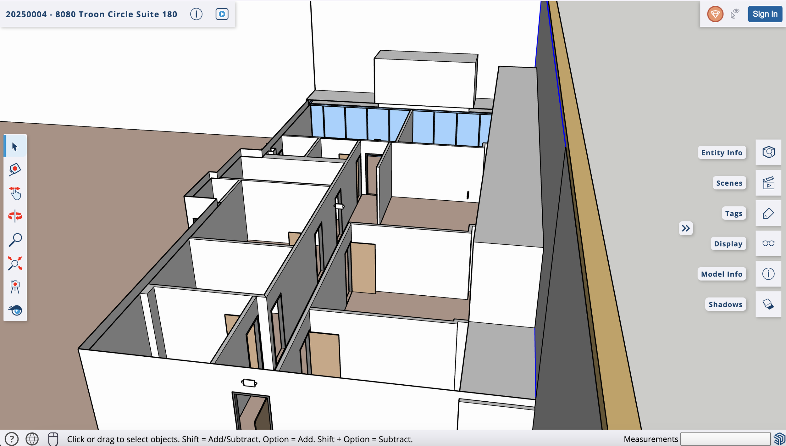 3D digital floor plan of an interior space with multiple rooms, doors, and windows, including a blue-tinted glass area at the back.