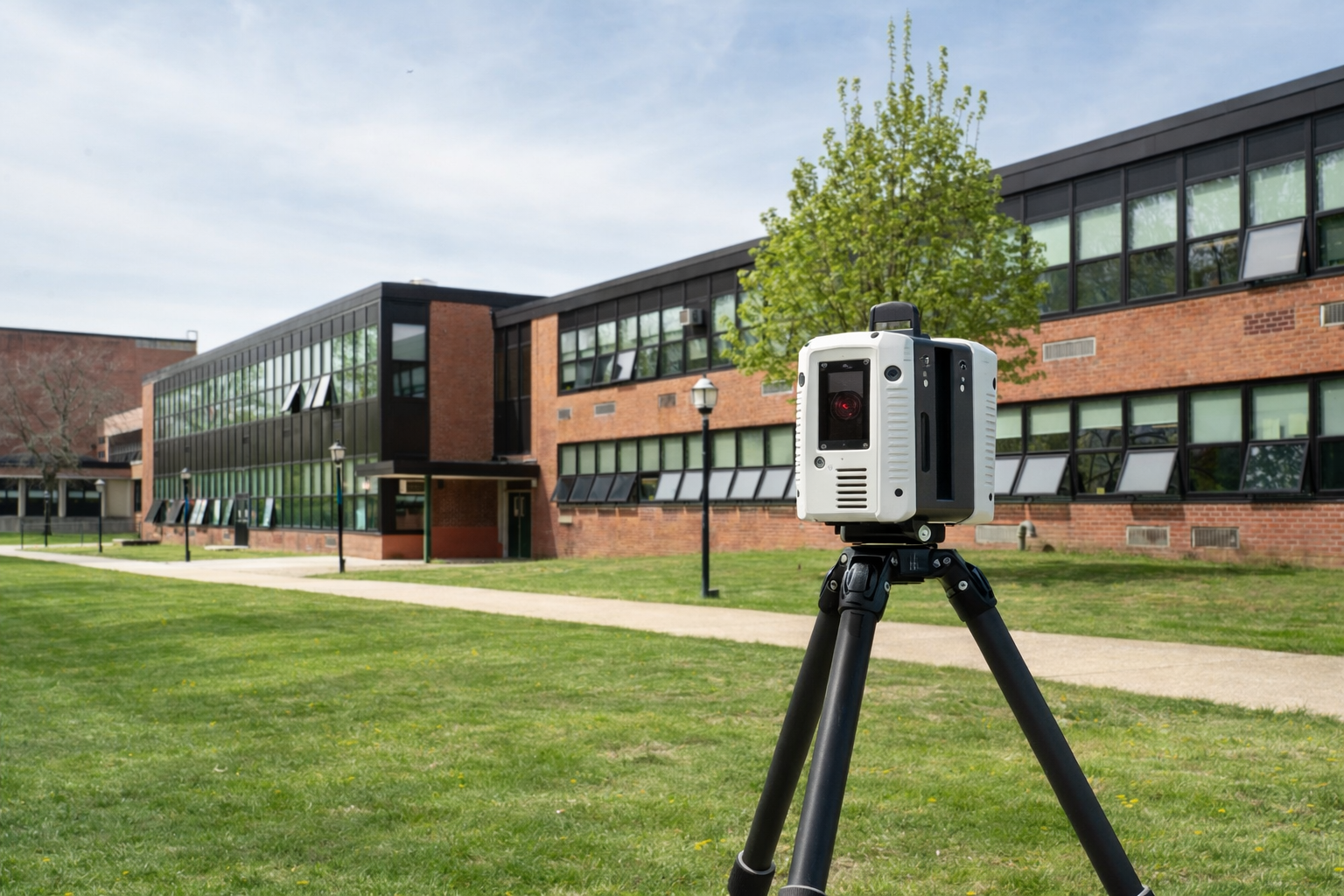 3D digital scanner sitting in front of an american k-12 educational school building ready to scan for 3d mapping and laser scanning