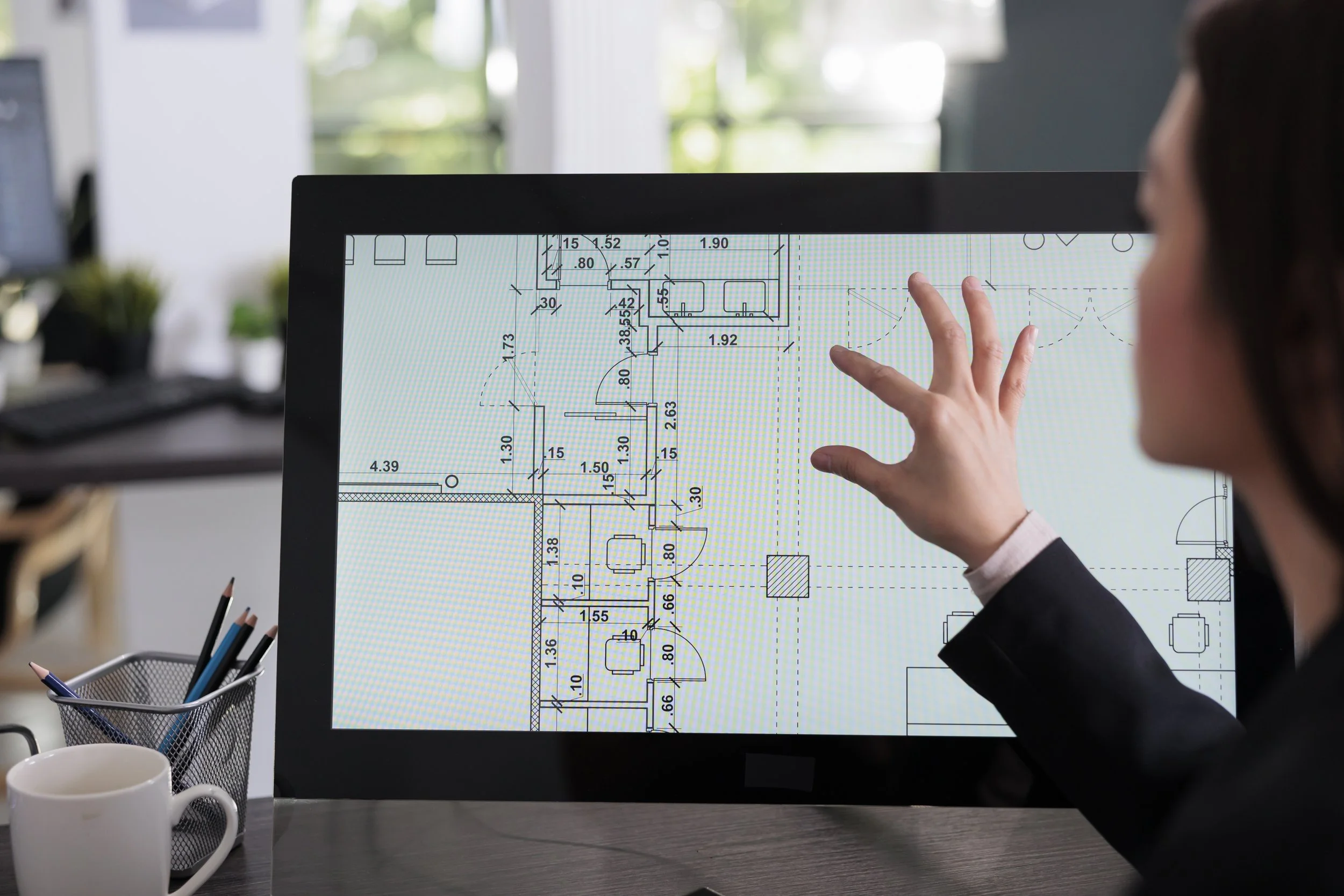 Woman looking at computer screen with a 3d layout of a school