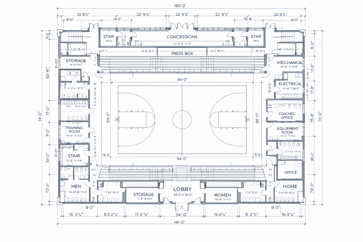 Blueprint of a sports arena or gymnasium with a central basketball court, surrounding spaces labeled as offices, storage, mechanical, electrical, concessions, press box, and locker rooms, with detailed measurements.