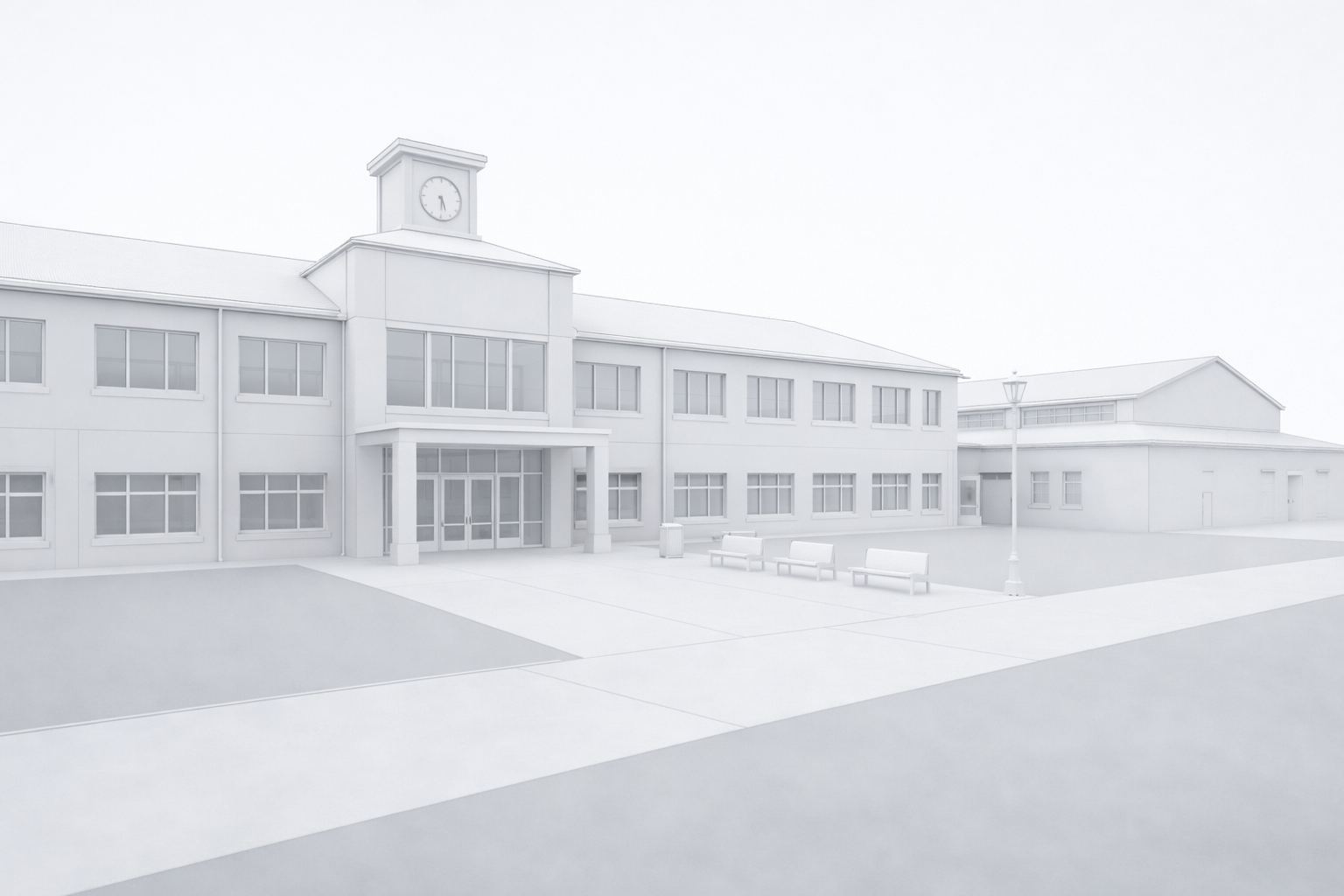 A 3d revit model image of a school building with a clock tower, multiple windows, a main entrance, and benches outside under a streetlamp