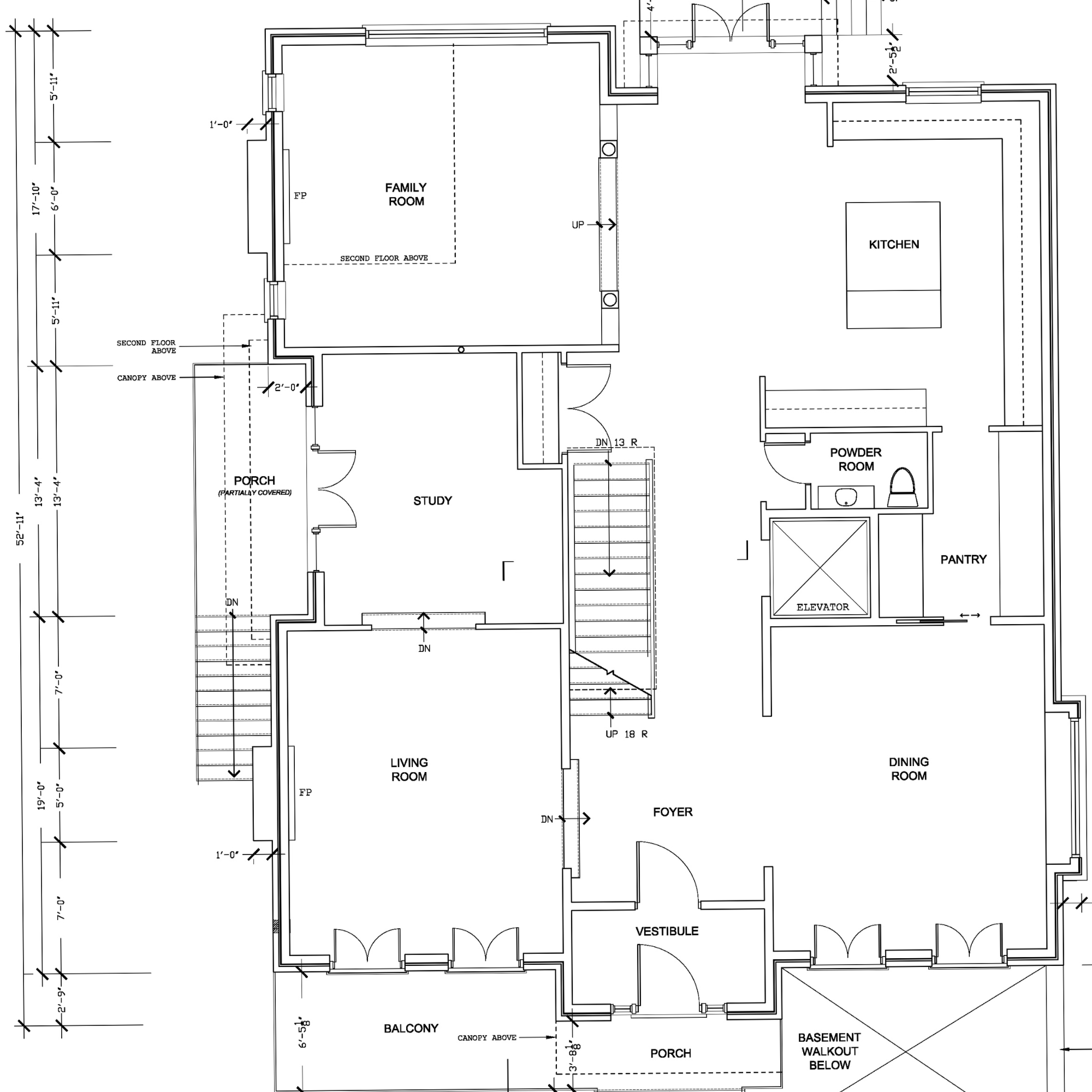2d Floor plan of a house's main level showing rooms such as living room, dining room, foyer, kitchen, study, family room, powder room, pantry, vestibule, porch, balcony, and an elevator, with staircase and door placements.