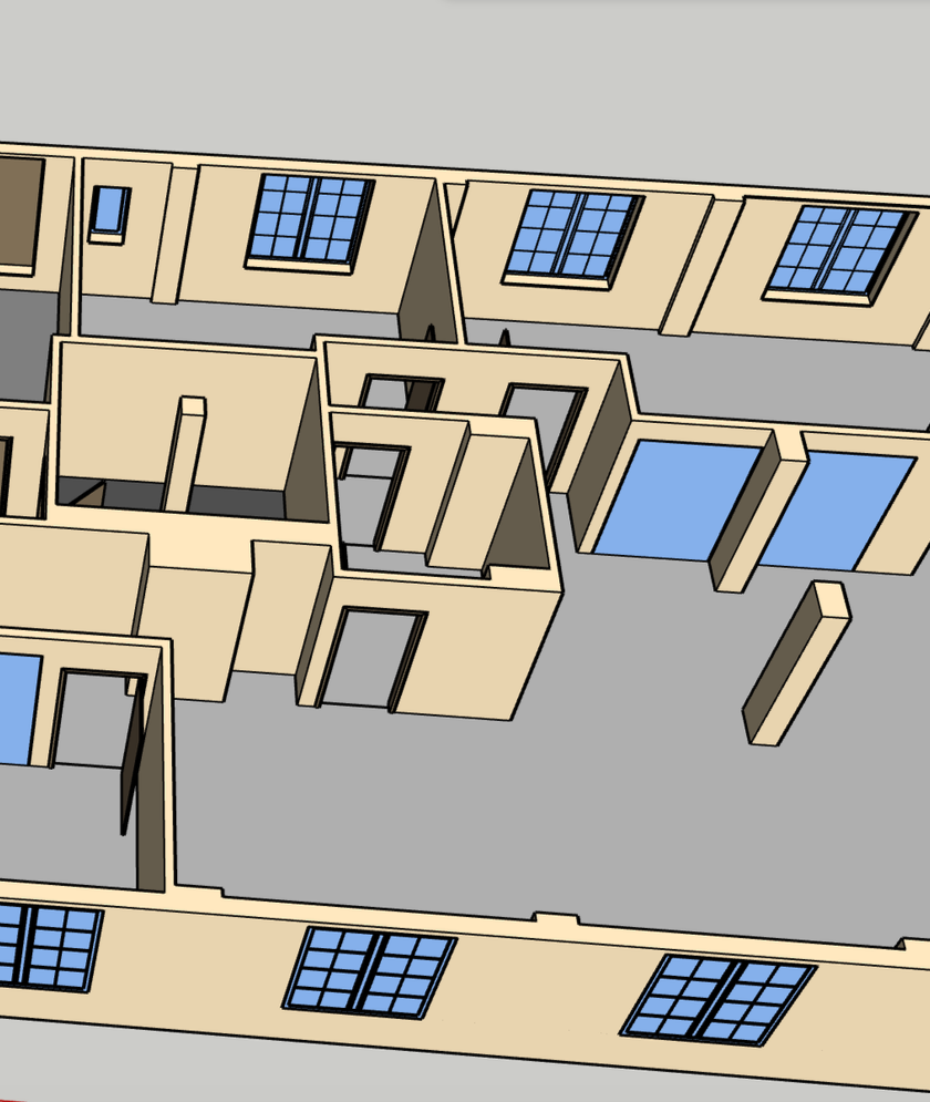 A 3D pdf model of a house floor plan with beige walls, blue tiled windows, and open spaces, displaying various rooms and structural elements.