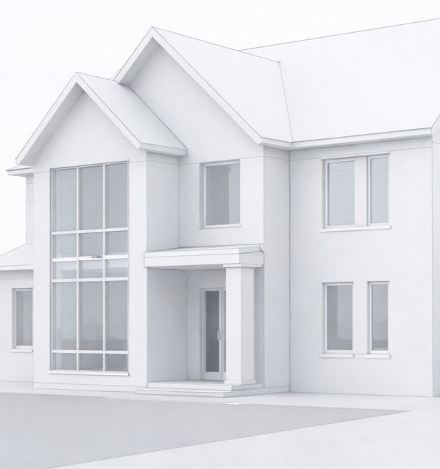 a 3d revit model of  a modern residential house with large windows and a front entrance