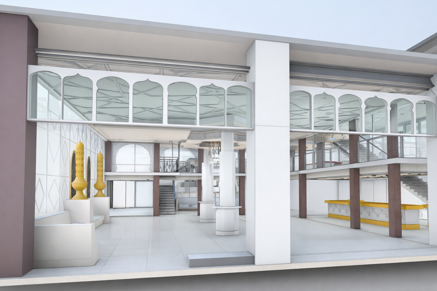 revit model of Interior view of a modern, multi-level commercial space with white walls, brown pillars, glass railing, decorative yellow sculptures, and stairs.