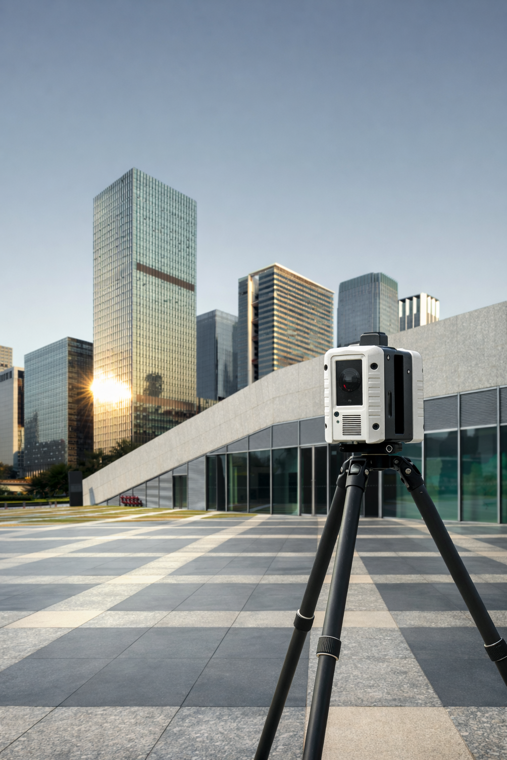 3D Mapping Laser Scanning Device sitting in front of architecturally designed building