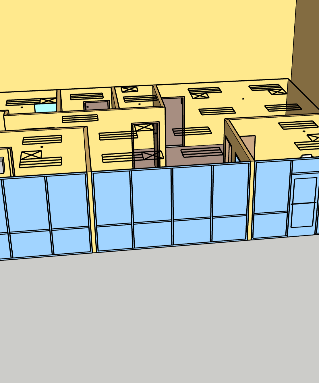 Interior 3d pdf blueprint of a building with yellow walls, black outlines, and blue exterior walls, showing rooms, doors, and window placements.