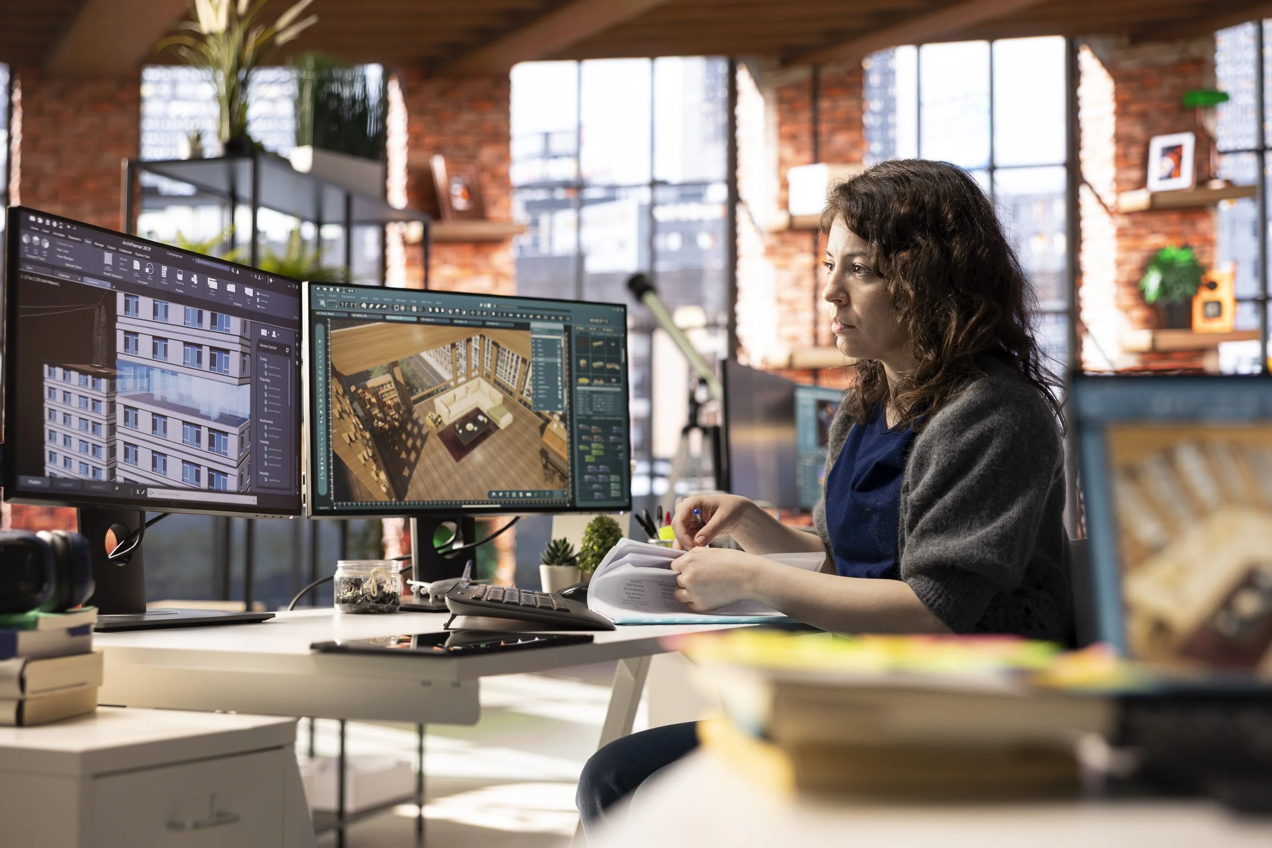 Woman working at a desk with dual computer monitors displaying 3d architectural design software in a modern office with large windows and exposed brick walls.