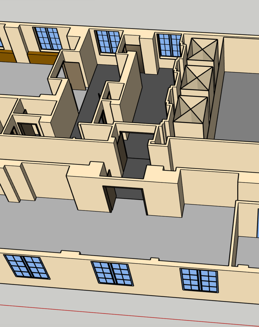 3D rendering of a building's interior layout with walls, doors, and windows visible.