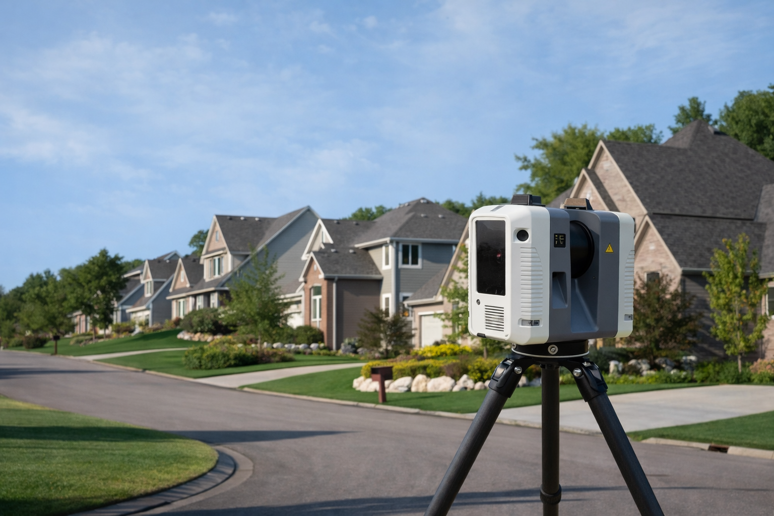 3D laser Scanning Mapping Device sitting in front of residential neighborhood estate