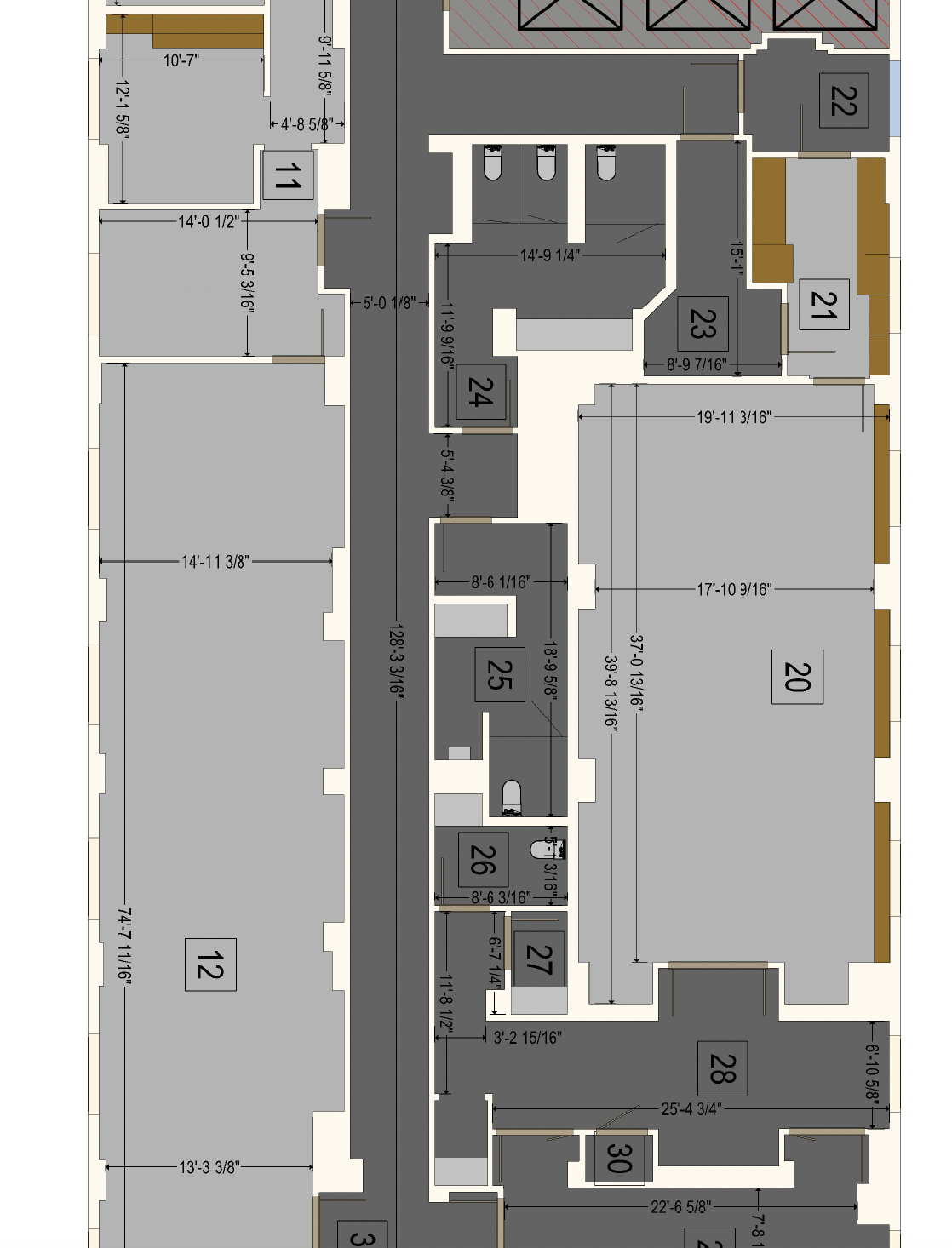 Floor plan layout with numbered rooms, measurements, and structural details.