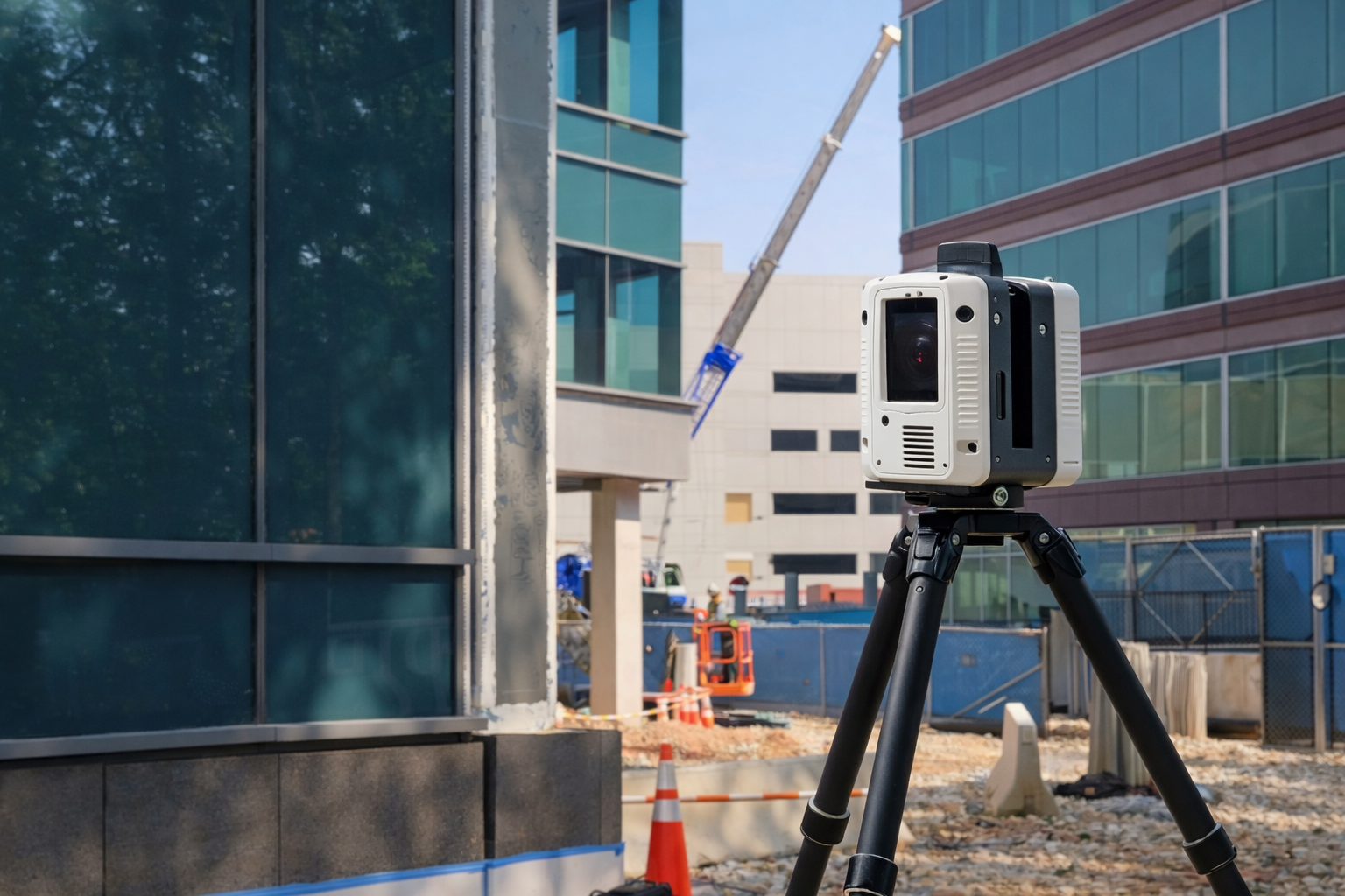 Laser scanner on tripod at a construction site with modern buildings in the background.