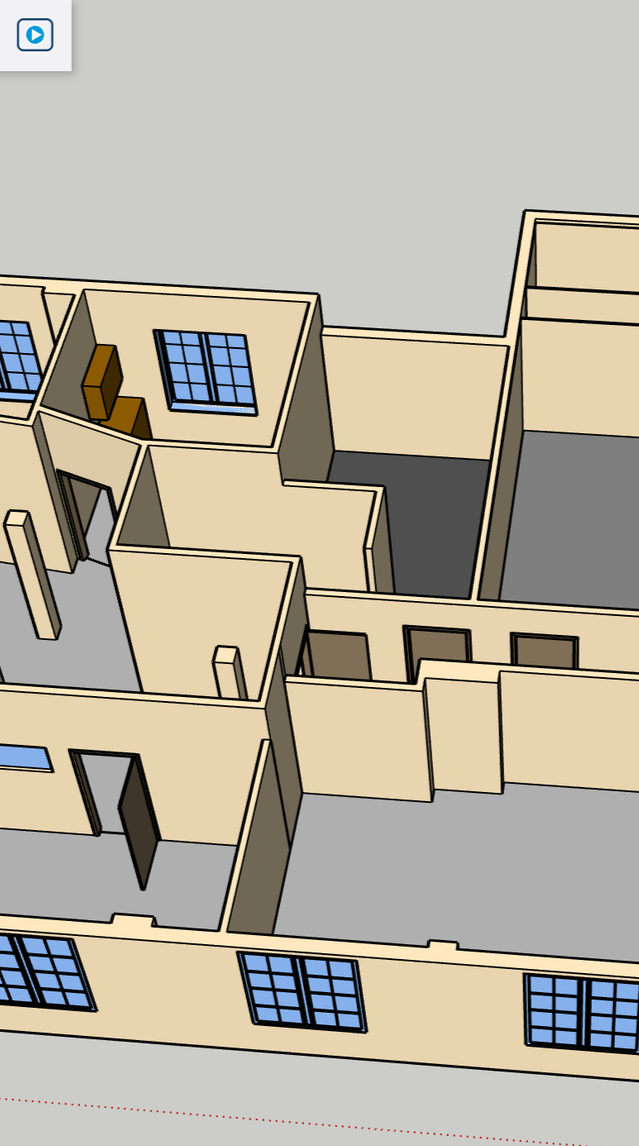 3D model of a house's interior with multiple rooms, windows, and some furniture on a light-colored floor.