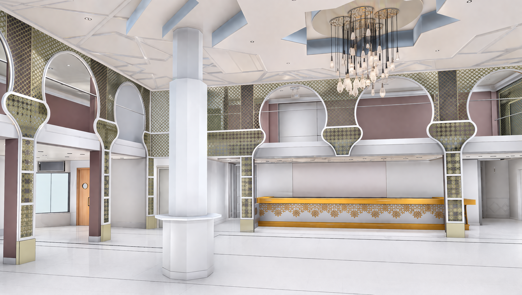 revit 3d model of Interior of a modern, elegant lobby or reception area with a white and gold color scheme, decorative arches, a chandelier hanging from the ceiling, and a yellow counter or reception desk.