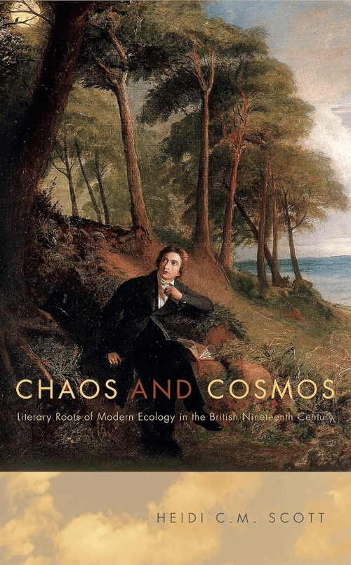 Book cover for 'Chaos and Cosmos' by Heidi C.M. Scott, featuring a painting of a woman sitting on the ground near trees and a coastline with a cloudy sky.