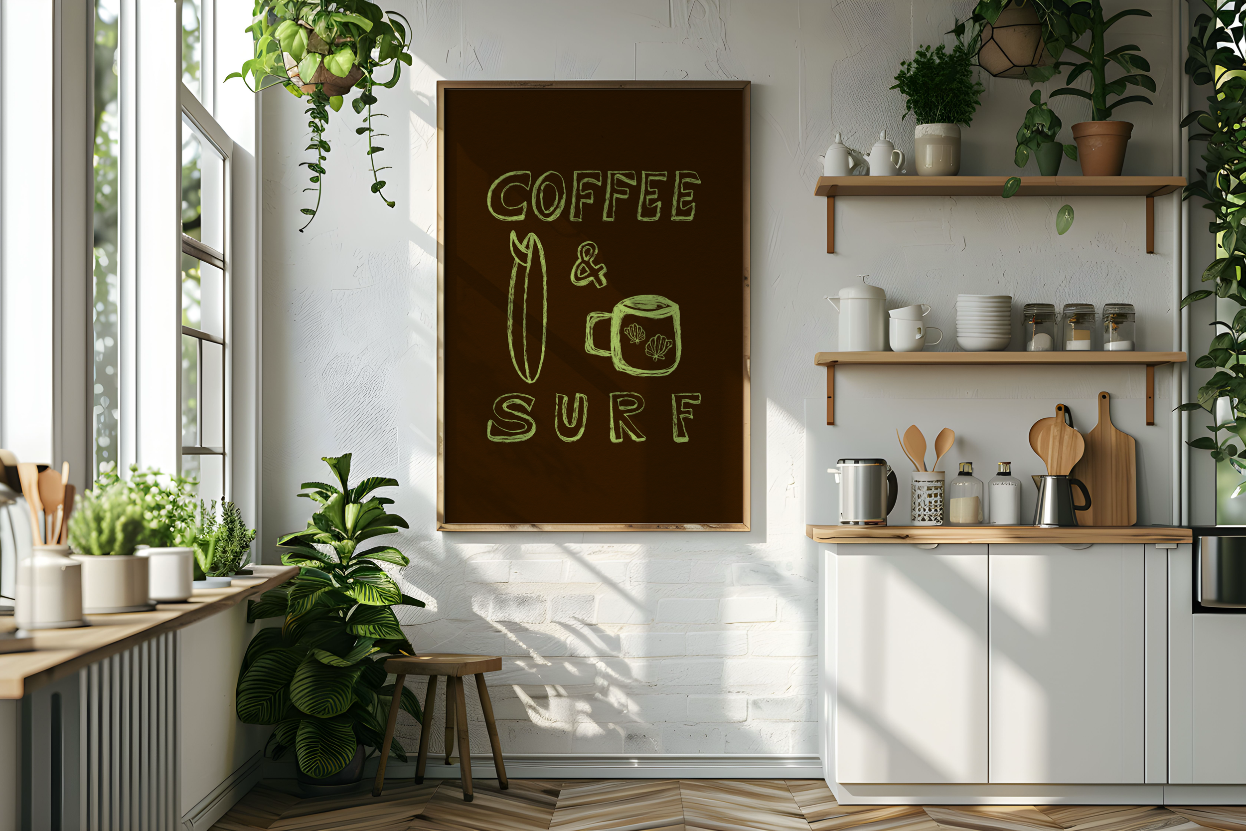 Original Coffee and surf artwork for cafe by saltwater tones
