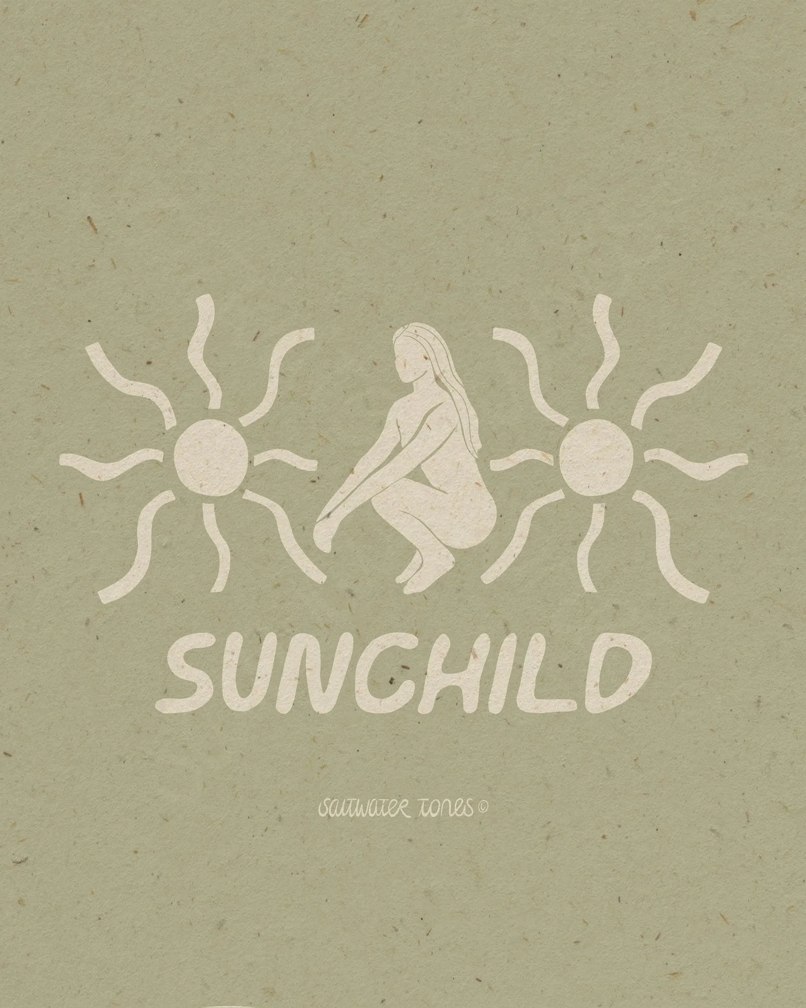 Design featuring a woman squatting with her hands touching her toes, surrounded by two stylized suns, with the word "SUNCHILD" and the phrase "saltwater tones" written below.