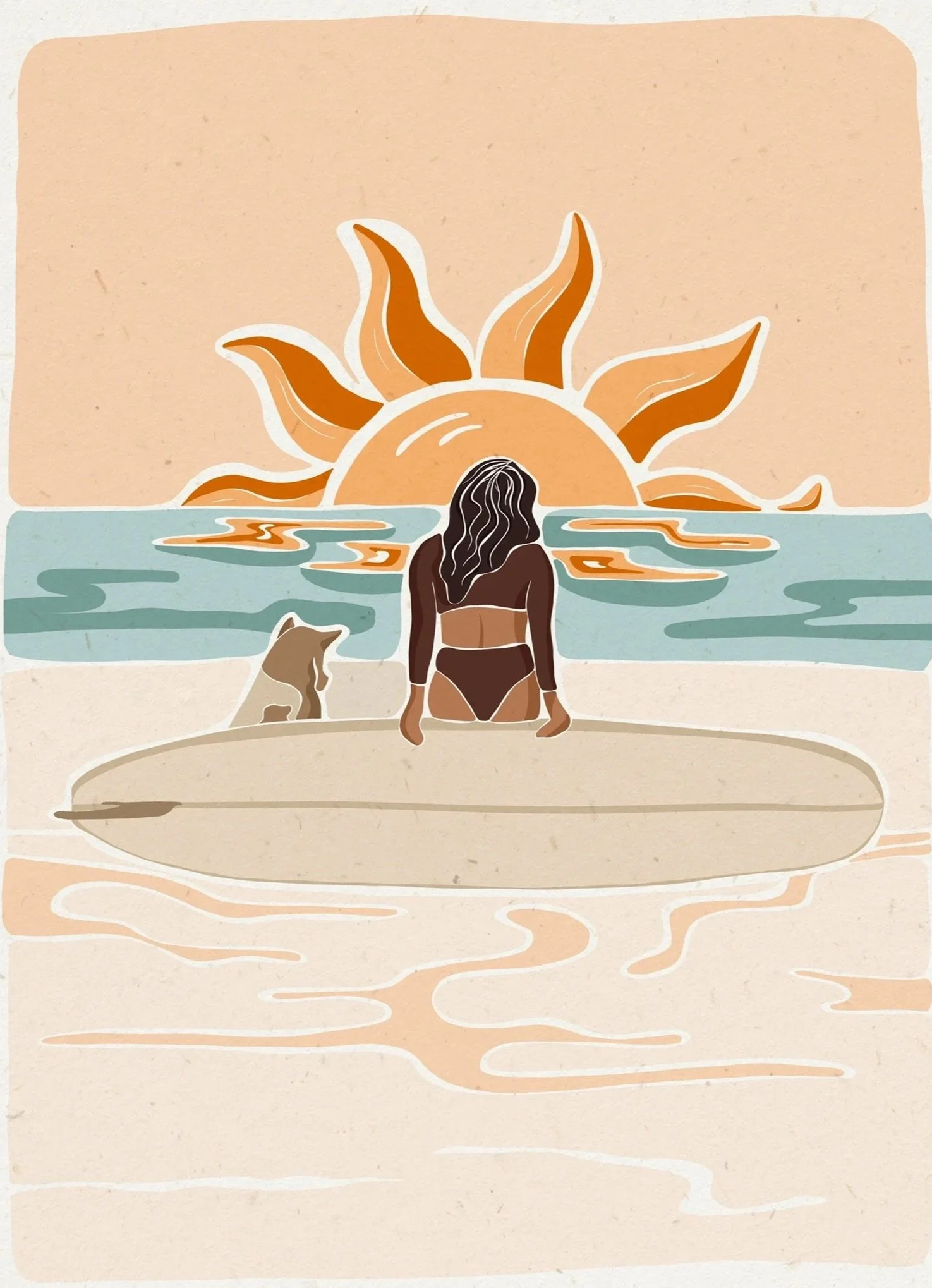 A person in a swimsuit sitting on a surfboard on the beach, with a dog beside them, as the sun sets over the ocean in the background.