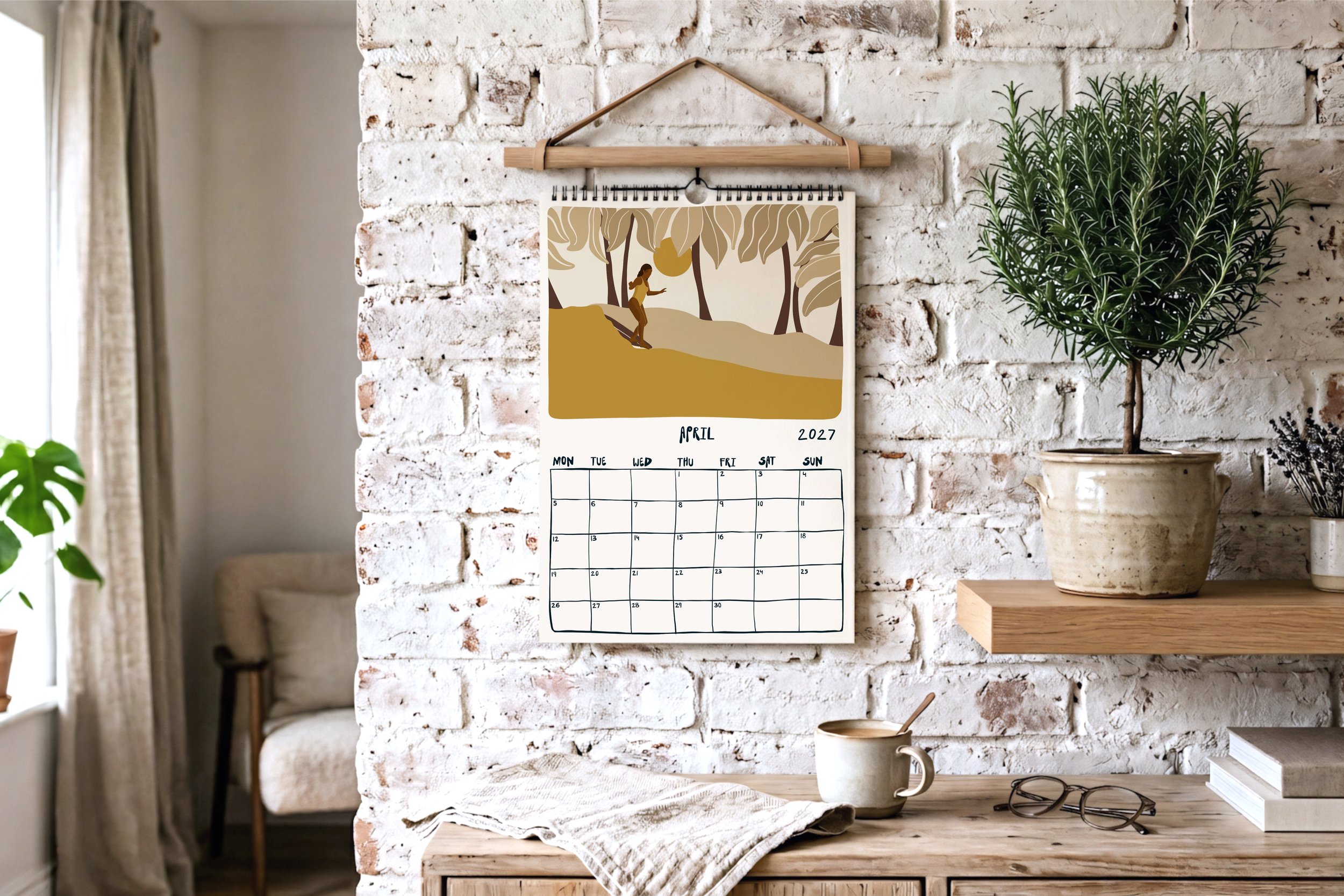 April calendar page showing a surfer walking through a palm forest at sunset with her board