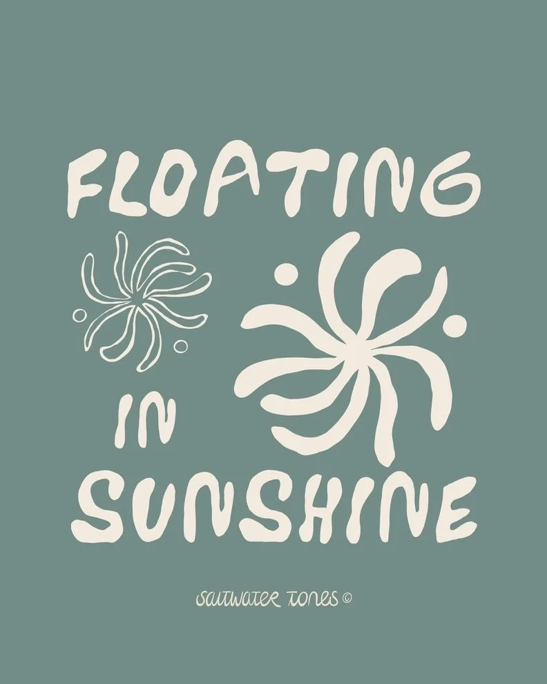 Text reads 'Floating in Sunshine' with decorative illustrations of abstract flowers and the phrase 'Saltwater Tones' at the bottom.
