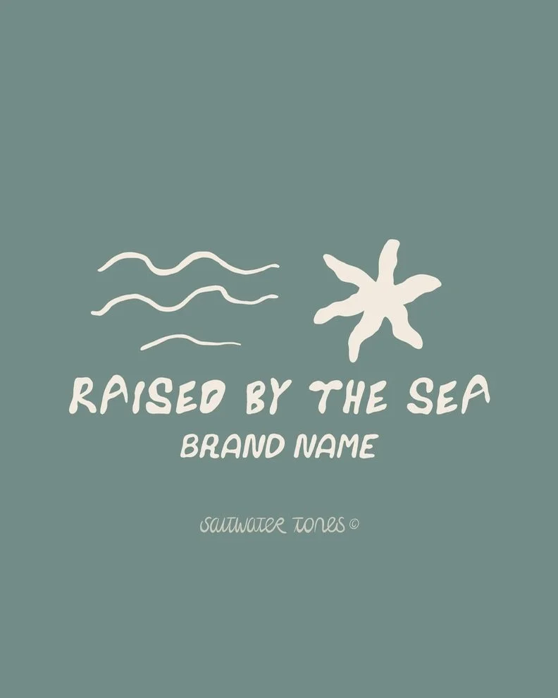 A logo with text that says "Raised by the Sea Brand Name" and "SeaWater Tones." The logo includes simple illustrations of three wavy lines and a starfish on a teal background.
