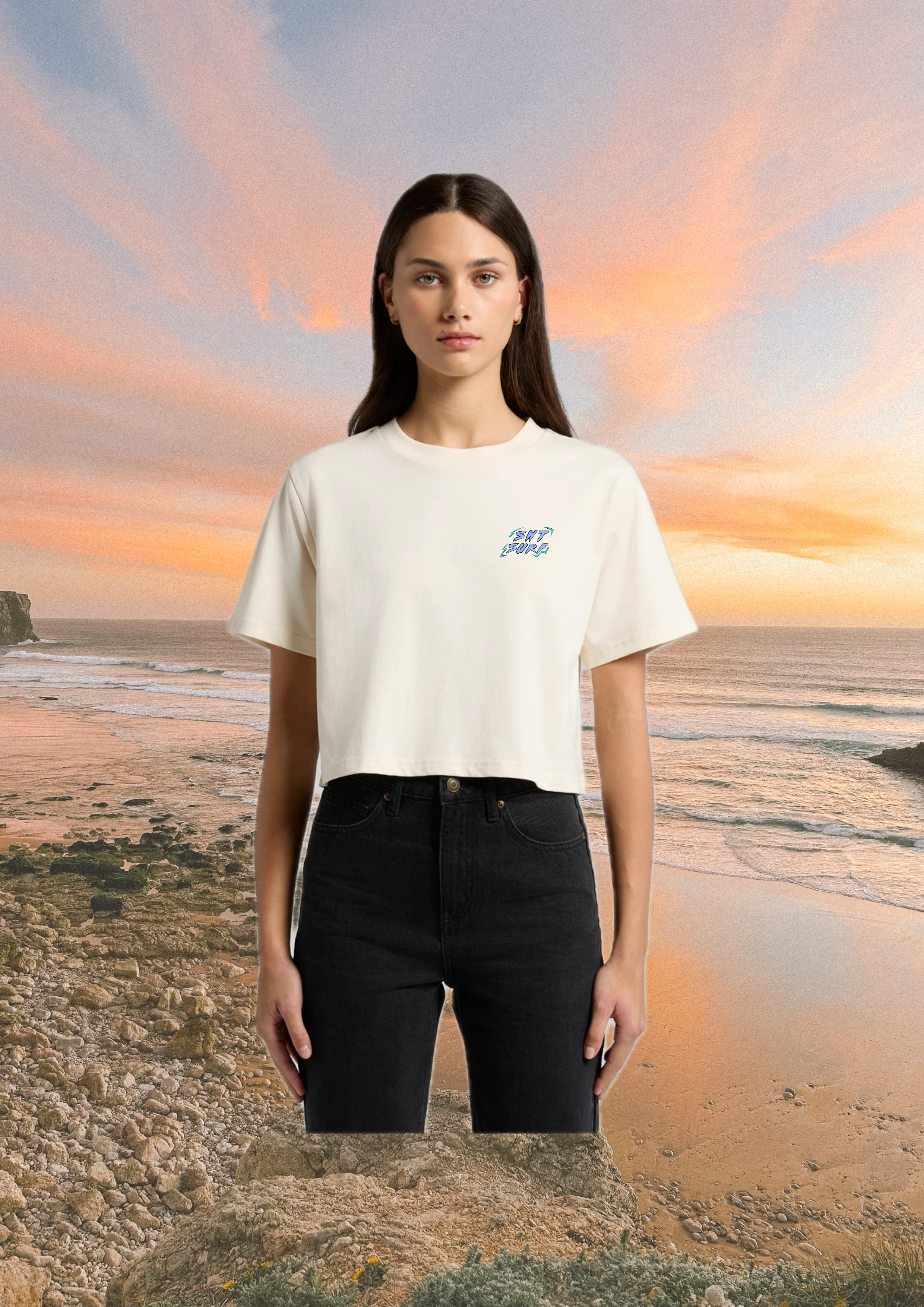 Women wearing a surf inspired crop tee at the beach by saltwater tones