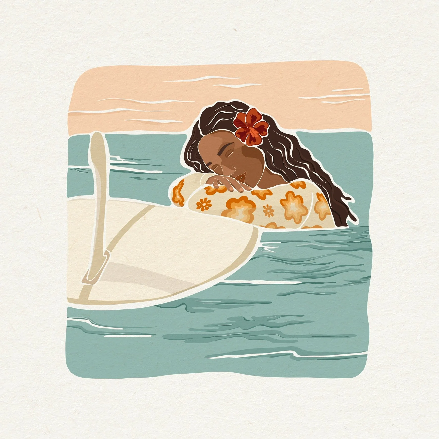 A woman with long dark hair and a red flower in her hair, wearing a floral dress, leaning on a boat while floating in a body of water at sunset.