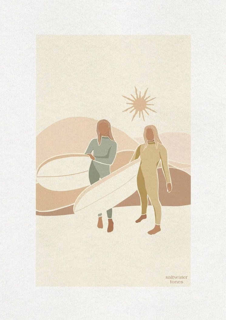 Illustration of two women standing on a beach, holding surfboards, with a stylized sun in the sky and sand dunes in the background. The image uses soft, muted colors.