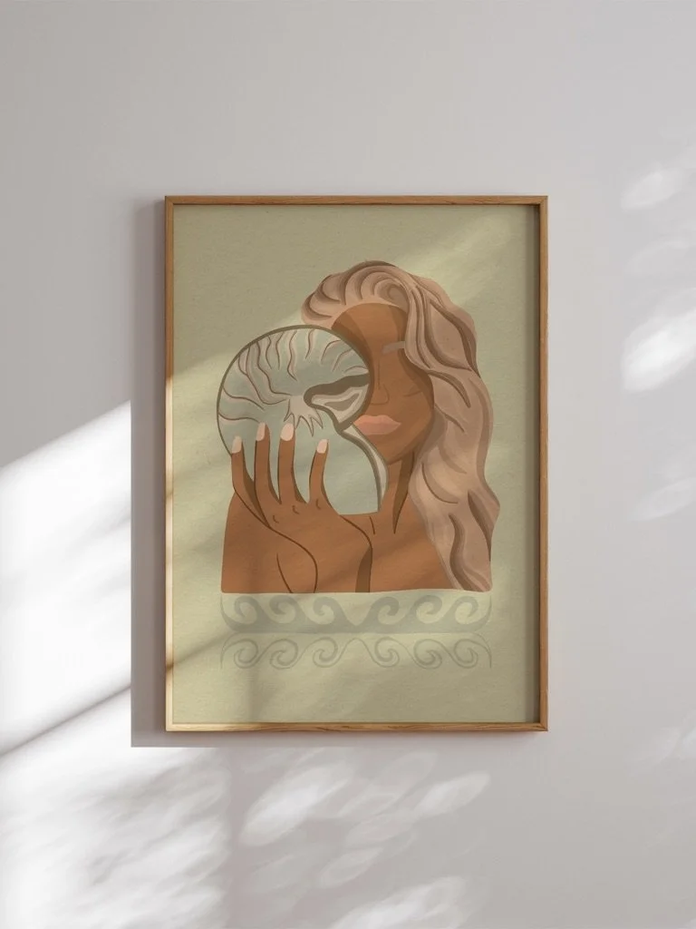 A framed artistic illustration of a woman with long, wavy hair holding a large seashell close to her face, on a light-colored wall with sunlight and shadows.