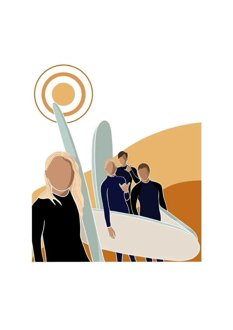 Illustration of four people, three men and one woman, with faces not detailed, standing near or on a surfboard, with abstract shapes and a sun in the background.
