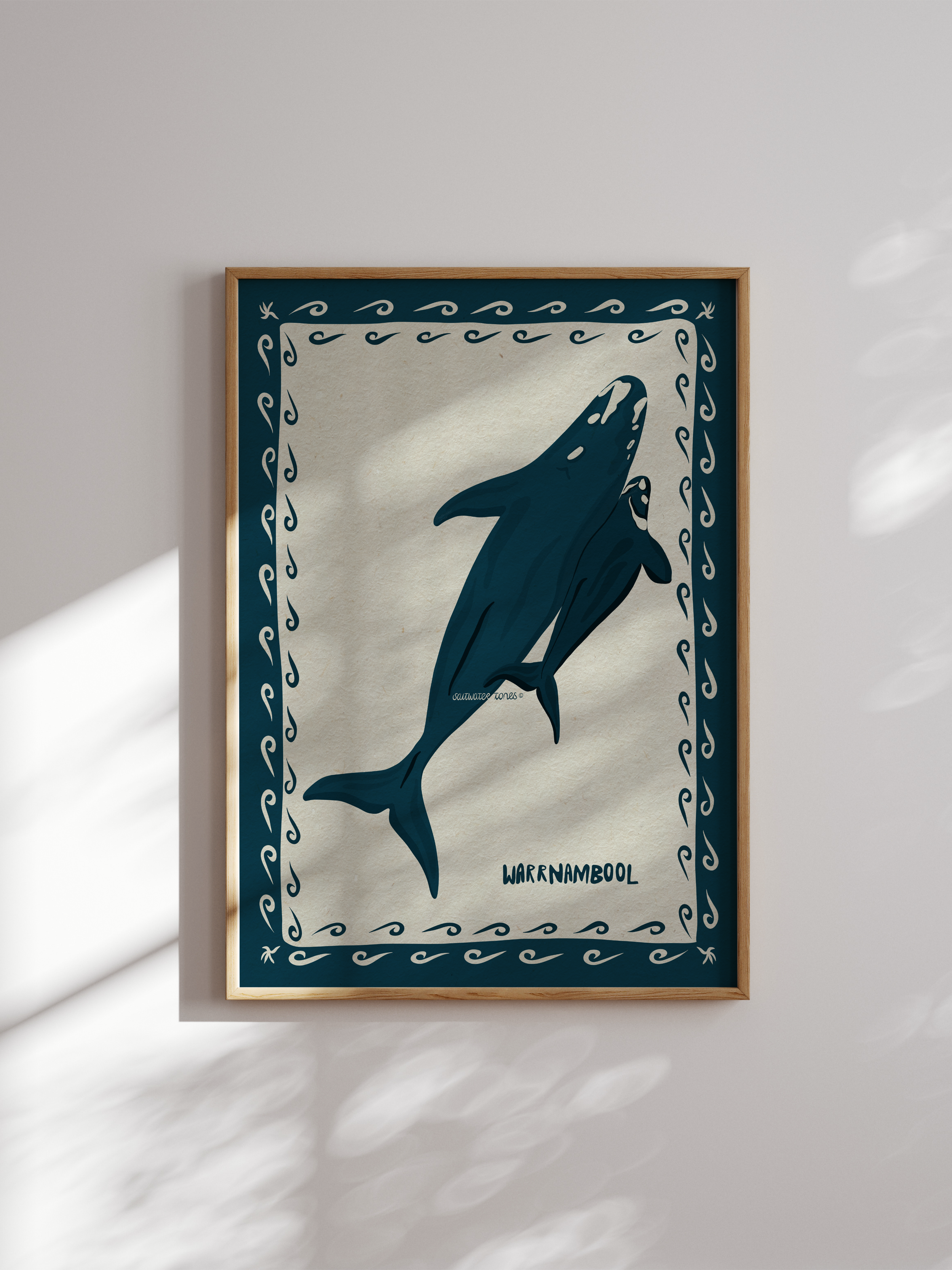 Illustrated Southern Right Whale art print in deep teal blue in Warrnambool