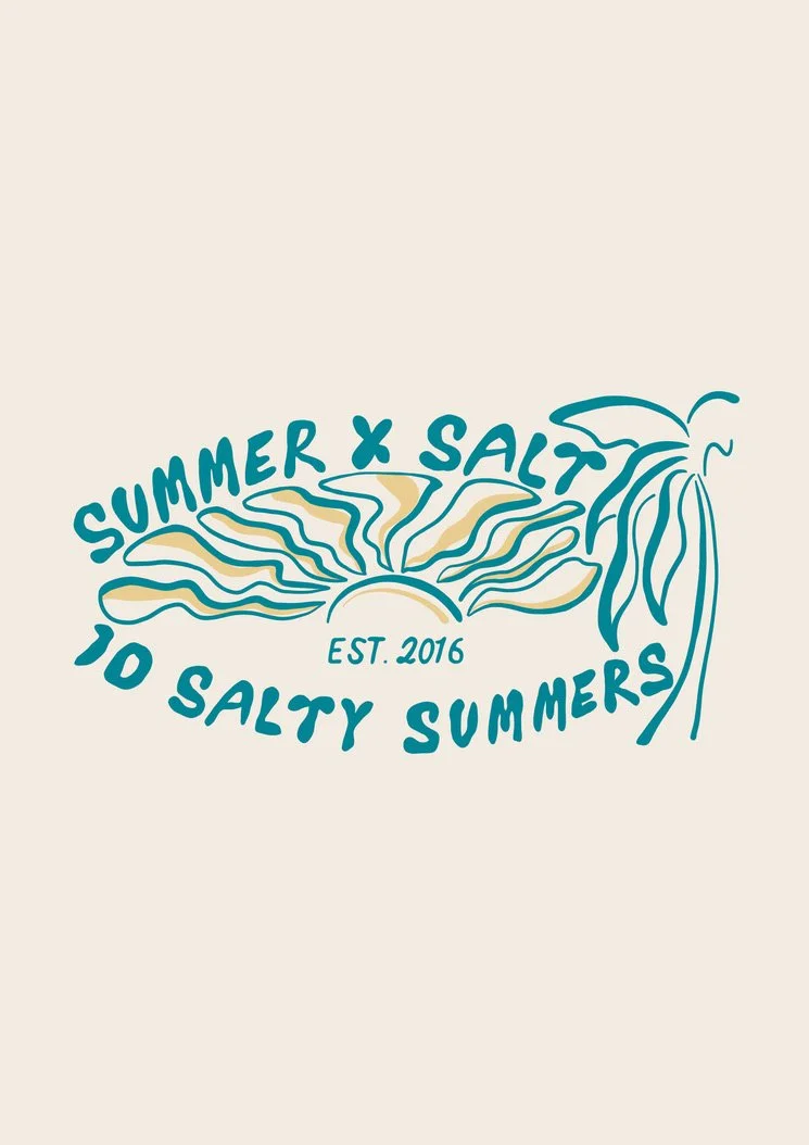 Logo for Summer Salt, established in 2016, with text "10 Salty Summers" and a stylized drawing of a sunset over the ocean with a wave and a leaf or plant on the right side.