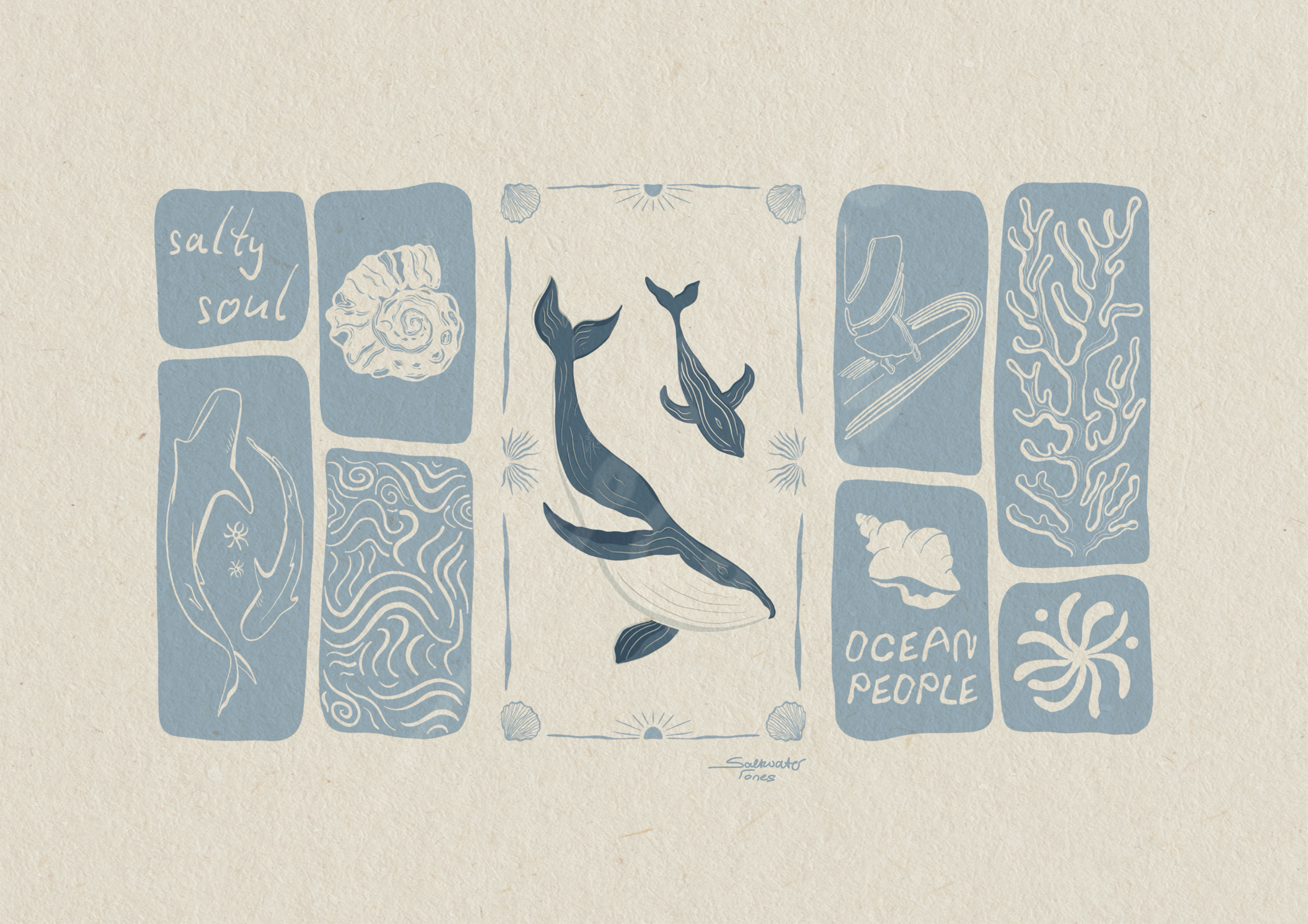Salty Soul ocean illustration with hand-drawn whales, shells, coral and waves on textured beige.