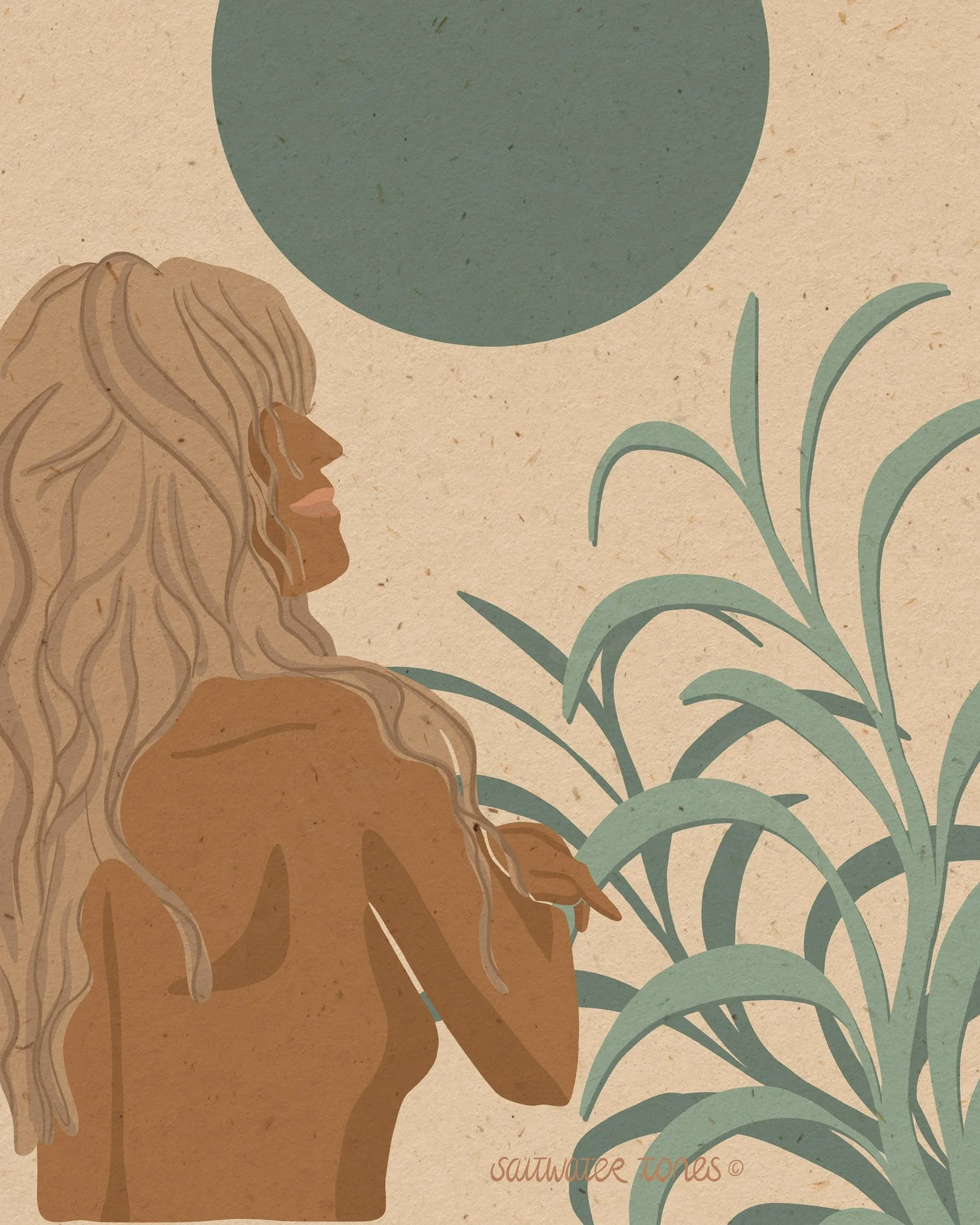 An illustration of a woman with long, wavy blonde hair facing left, with bare shoulders, touching a plant with long leaves, and a large dark green circle above her head, on a beige textured background.